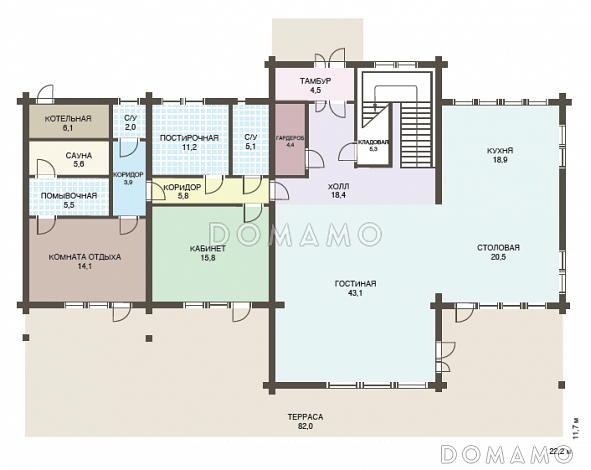 Проект двухэтажного дома из клееного бруса с кабинетом на первом этаже / План 1 этажа Проект двухэтажного дома из клееного бруса с кабинетом на первом этаже / План 1 этажа