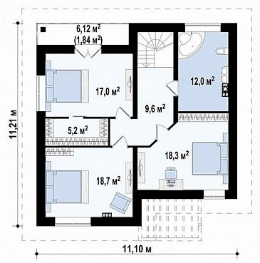 Проект дома с террасой и балконом, кладовыми, просторной ванной с окном на втором этаже / План 2 этажа Проект дома с террасой и балконом, кладовыми, просторной ванной с окном на втором этаже / План 2 этажа