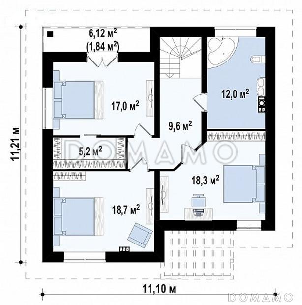 Проект дома с террасой и балконом, кладовыми, просторной ванной с окном на втором этаже / План 2 этажа