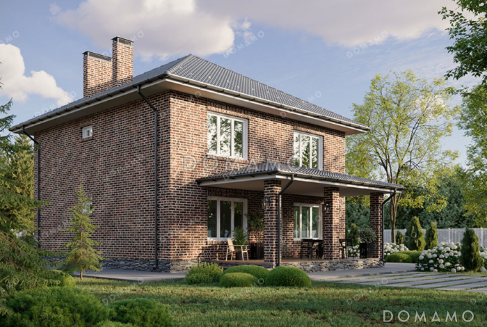 Проект двухэтажного дома с четырьмя спальнями наверху и одной внизу