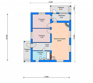 Проект одноэтажного дома с террасами и верандой, кухней-столовой, двумя спальнями / План 1 этажа Проект одноэтажного дома с террасами и верандой, кухней-столовой, двумя спальнями / План 1 этажа