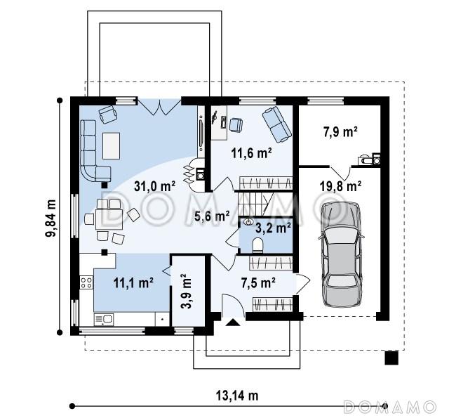 Проект современного двухэтажного дома из газобетона, адаптированного под сейсмику, с четырьмя спальнями, балконом и встроенным гаражом  / План 1 этажа