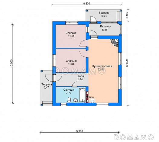 Проект одноэтажного дома с террасами и верандой, кухней-столовой, двумя спальнями / План 1 этажа Проект одноэтажного дома с террасами и верандой, кухней-столовой, двумя спальнями / План 1 этажа