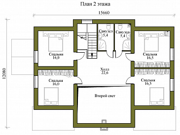 Проект двухэтажного кирпичного дома с просторной террасой, сауной и пятью спальнями / План 2 этажа Проект двухэтажного кирпичного дома с просторной террасой, сауной и пятью спальнями / План 2 этажа