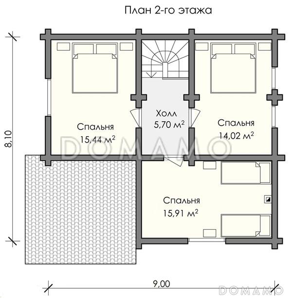 Проект дома из бревна с тремя просторными спальнями / План мансардного этажа