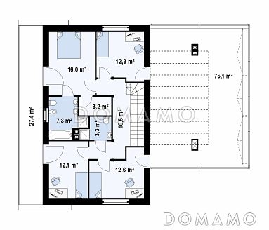Проект современного двухэтажного дома с плоской крышей из кирпича с четырьмя спальнями, гаражом и просторной террасой над ним / План 2 этажа Проект современного двухэтажного дома с плоской крышей из кирпича с четырьмя спальнями, гаражом и просторной террасой над ним / План 2 этажа