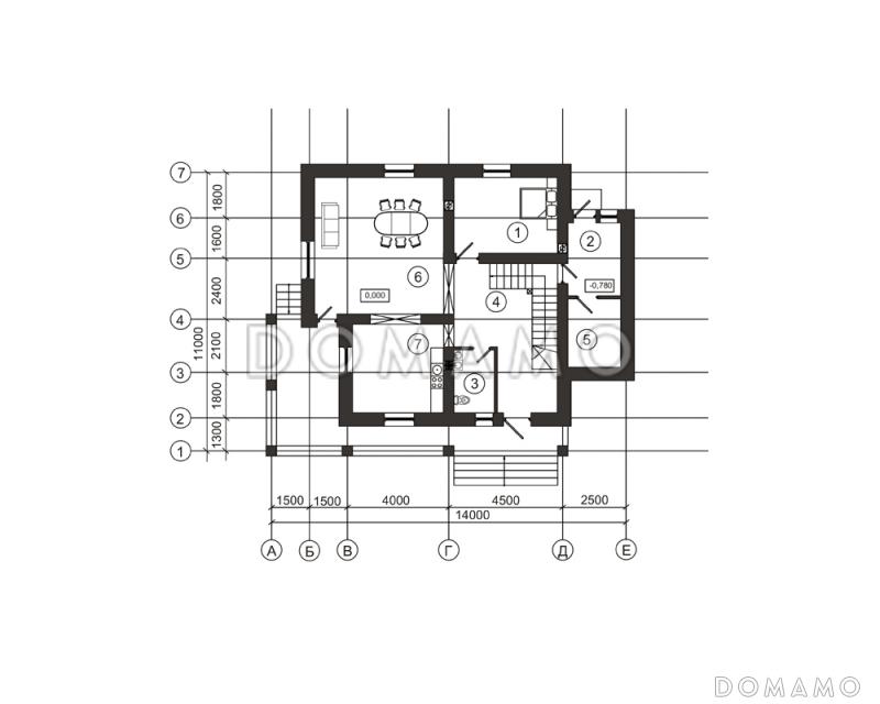 Проект современного загородного дома с обширной террасой у главного входа  / План 1 этажа