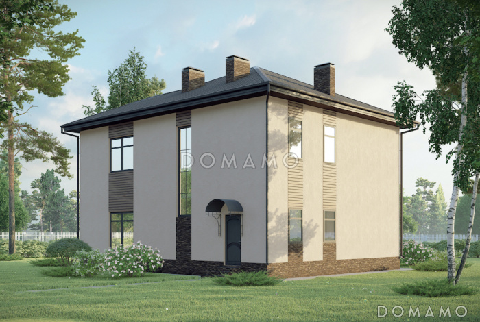 Проект двухэтажного дома с тремя спальнями наверху и одной внизу, крытой террасой и котельной