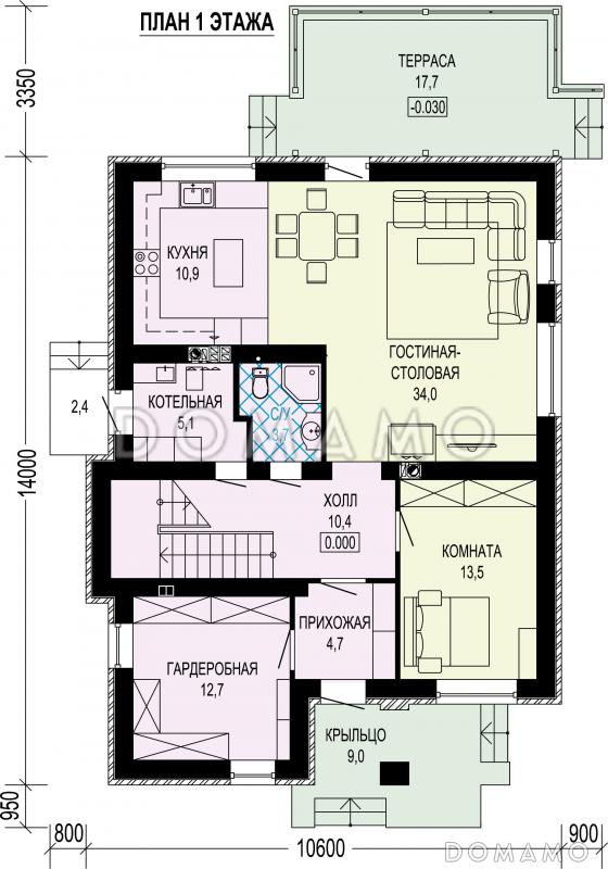 Проект двухэтажного дома с двумя мастер-спальнями, комнатой на первом этаже, просторной гардеробной и кабинетом / План 1 этажа