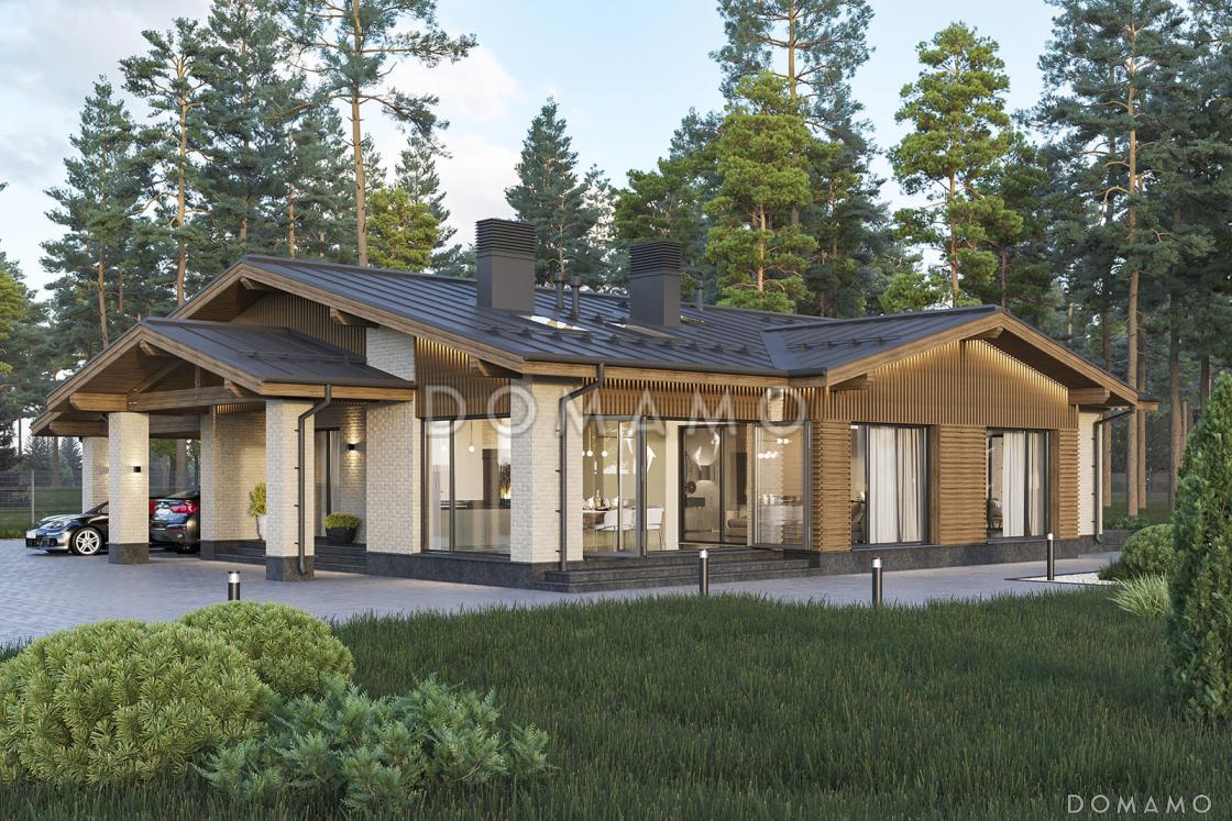 Проект дома с террасами, зоной барбекю, приватной зоной и просторной гостиной-кухней-столовой / 1