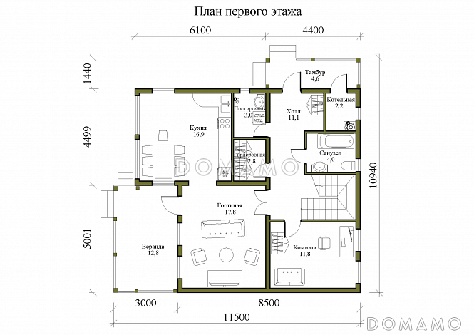 Проект двухэтажного каркасного дома с панорамным остеклением и двумя верандами / План 1 этажа Проект двухэтажного каркасного дома с панорамным остеклением и двумя верандами / План 1 этажа