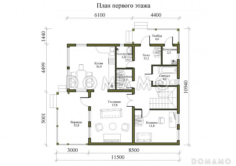 Проект двухэтажного каркасного дома с панорамным остеклением и двумя верандами / План 1 этажа