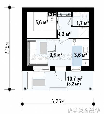 Проект компактной бани из газобетона с комнатой отдыха и крытой террасой / План 1 этажа Проект компактной бани из газобетона с комнатой отдыха и крытой террасой / План 1 этажа