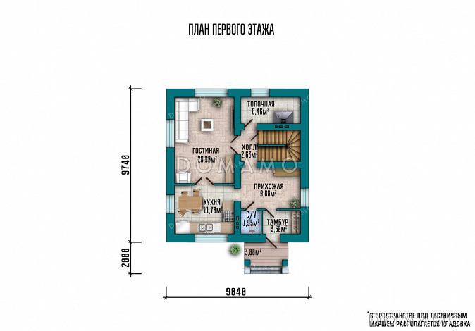 Проект компактного дома с тремя спальнями, котельной и изолированной кухней / План 1 этажа Проект компактного дома с тремя спальнями, котельной и изолированной кухней / План 1 этажа