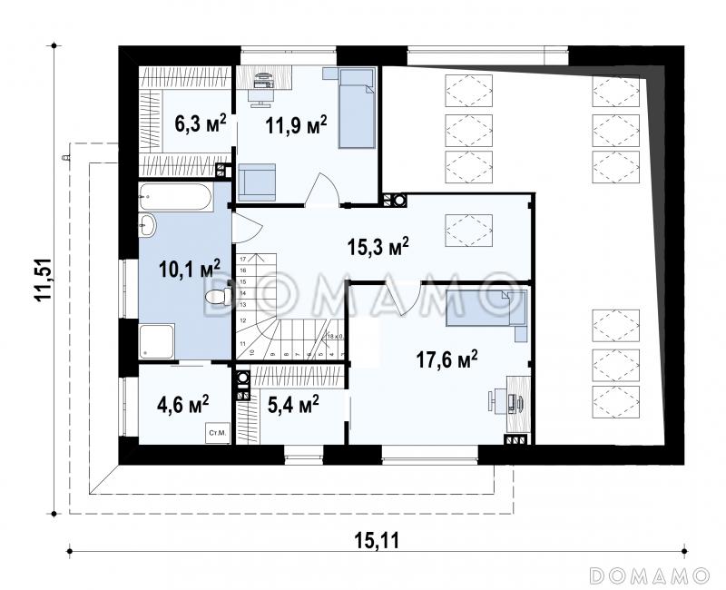 Проект мансардного дома в стиле шале из газобетона с дополнительной спальней на первом этаже, вторым светом и гаражом / План мансардного этажа