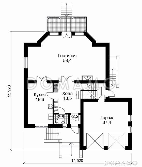 Проект дома из кирпича с облицовкой стен в стиле фахверк / План 1 этажа