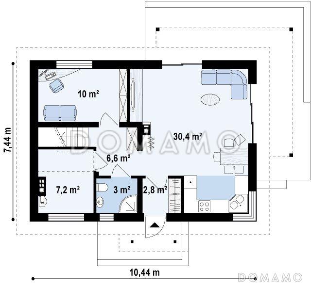 Проект одноэтажного мансардного дома из кирпича с угловым окном в кухонной зоне и кабинетом / План 1 этажа