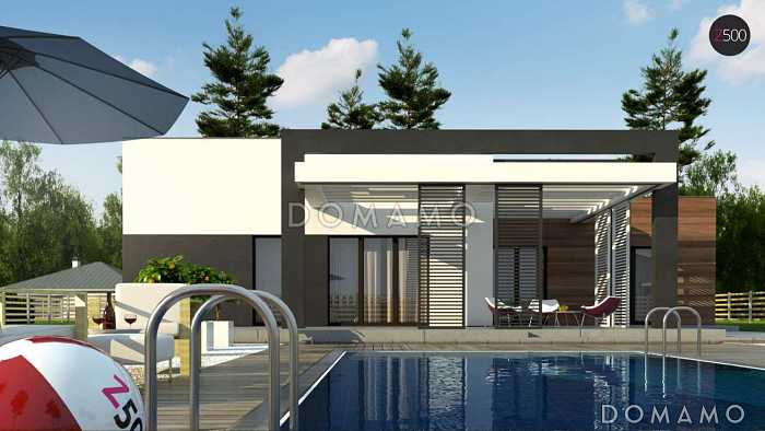 Проект просторного современного одноэтажного дома из кирпича с плоской крышей с тремя спальнями, крытой террасой и гаражом Проект просторного современного одноэтажного дома из кирпича с плоской крышей с тремя спальнями, крытой террасой и гаражом