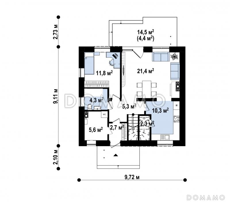 Проект загородного дома с террасой, кухней с кладовой, тремя спальнями с балконами на мансарде / План 1 этажа