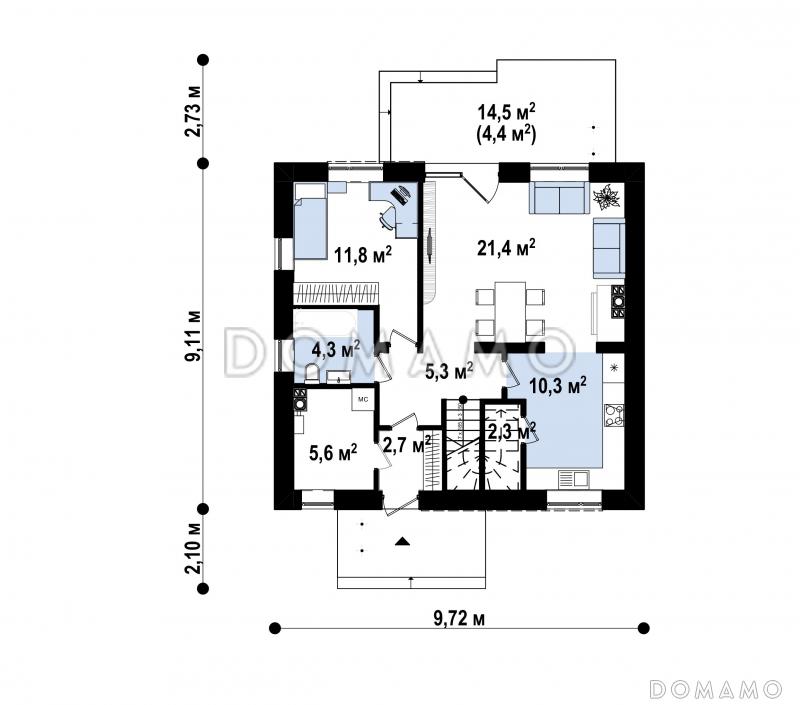 Проект загородного дома с террасой, кухней с кладовой, тремя спальнями с балконами на мансарде / План 1 этажа