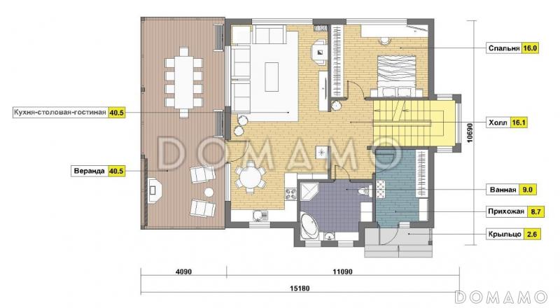 Проект дома из кирпича с цокольным этажом и небольшим бассейном / План 1 этажа
