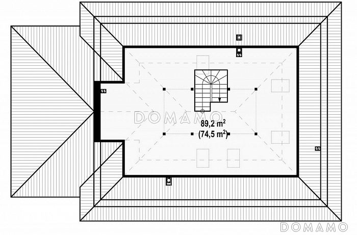 Проект одноэтажного дома из кирпича с мансардой, гаражом и зоной барбекю на террасе / План мансардного этажа