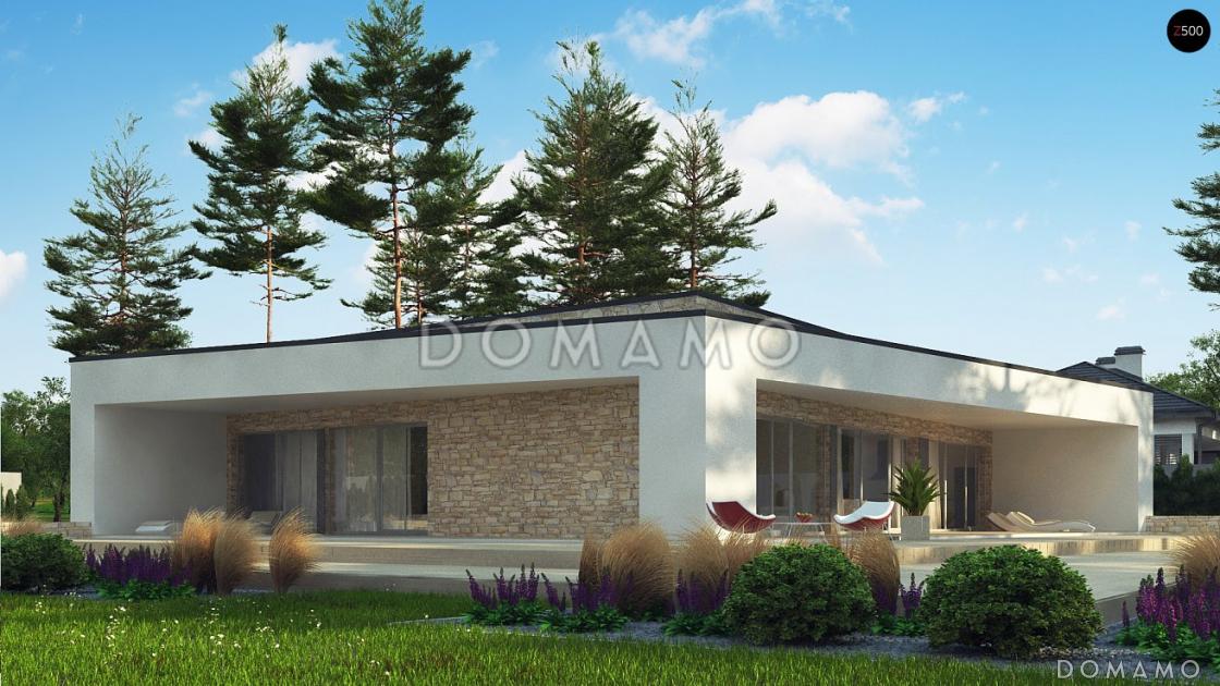 Проект просторного современного одноэтажного дома из газобетона с плоской крышей с тремя спальнями, крытыми террасами и одноместным гаражом / 2