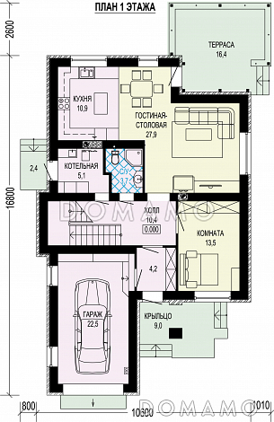 Проект двухэтажного дома с гаражом, террасой, 4 спальнями и кабинетом / План 1 этажа