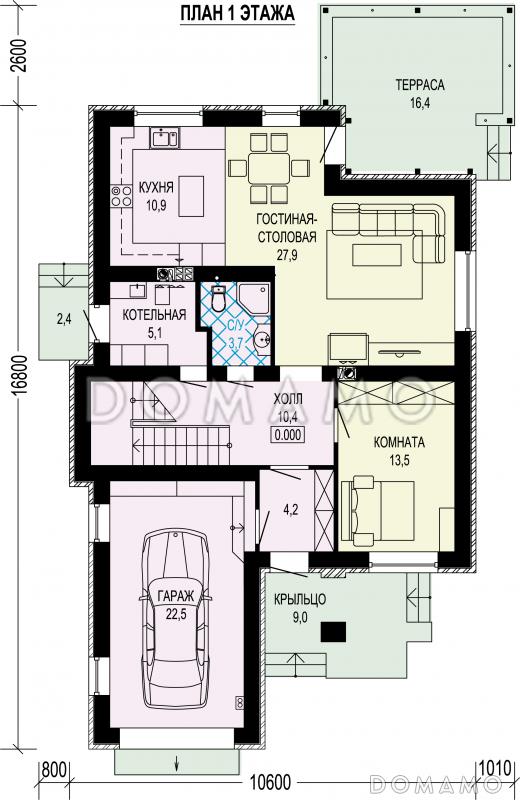 Проект двухэтажного дома с гаражом, террасой, 4 спальнями и кабинетом / План 1 этажа