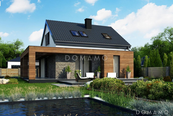 Проект компактного одноэтажного мансардного дома из кирпича с кабинетом и двумя спальнями Проект компактного одноэтажного мансардного дома из кирпича с кабинетом и двумя спальнями