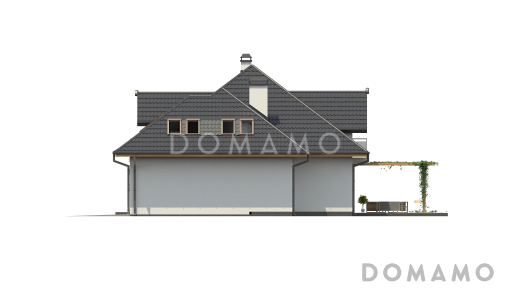 Проект классического одноэтажного мансардного дома из кирпича с дополнительной спальней на первом этаже, с тремя балконами и гаражом на два автомобиля / Фасад 2