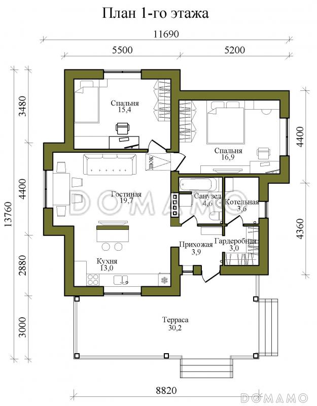 Проект одноэтажного кирпичного дома с двумя спальнями и просторной террасой / План 1 этажа
