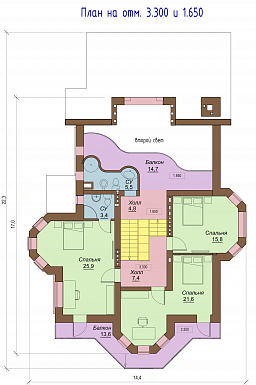 Проект двухэтажного коттеджа с цоколем, с двумя эркерами, балконом и двумя террасами / План 2 этажа Проект двухэтажного коттеджа с цоколем, с двумя эркерами, балконом и двумя террасами / План 2 этажа