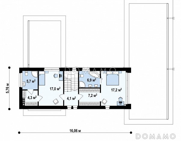Проект двухэтажного дома с эксплуатируемой кровлей, гаражом, большой прихожей, светлой гостиной, кабинетом / План 2 этажа Проект двухэтажного дома с эксплуатируемой кровлей, гаражом, большой прихожей, светлой гостиной, кабинетом / План 2 этажа