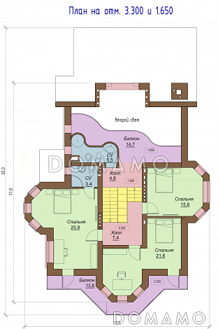 Проект двухэтажного коттеджа с цоколем, с двумя эркерами, балконом и двумя террасами / План 2 этажа Проект двухэтажного коттеджа с цоколем, с двумя эркерами, балконом и двумя террасами / План 2 этажа