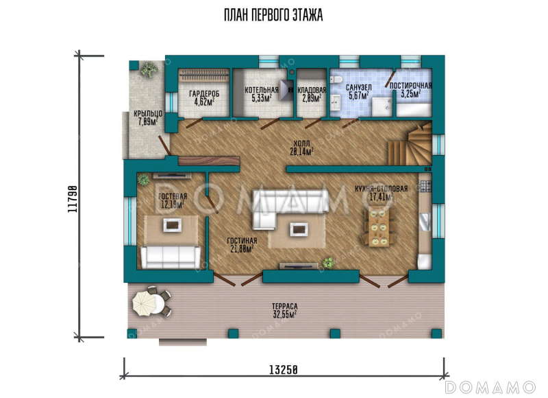 Проект двухэтажного дома с просторной террасой и тремя спальнями / План 1 этажа