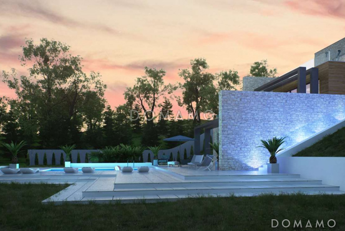 Проект красивого просторного двухэтажного коттеджа из кирпича с бассейном на цокольном этаже Проект красивого просторного двухэтажного коттеджа из кирпича с бассейном на цокольном этаже