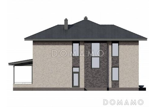 Проект двухэтажного газобетонного дома с большой гардеробной, пятью комнатами и пристроенной террасой / Фасад 2
