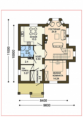 Проект уютного компактного коттеджа с зеленой крышей и панорамным эркером гостиной / План 1 этажа Проект уютного компактного коттеджа с зеленой крышей и панорамным эркером гостиной / План 1 этажа