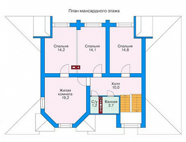 Проект двухэтажного дома из бруса с небольшой кухней, тремя спальнями на втором этаже / План мансардного этажа Проект двухэтажного дома из бруса с небольшой кухней, тремя спальнями на втором этаже / План мансардного этажа
