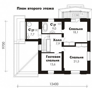 Проект дома из пеноблоков с гостевой комнатой на первом этаже и гаражом для одного автомобиля / План 2 этажа Проект дома из пеноблоков с гостевой комнатой на первом этаже и гаражом для одного автомобиля / План 2 этажа