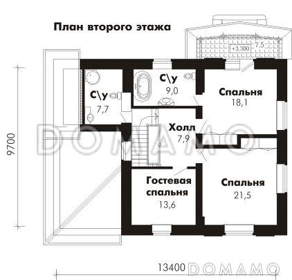 Проект дома из пеноблоков с гостевой комнатой на первом этаже и гаражом для одного автомобиля / План 2 этажа