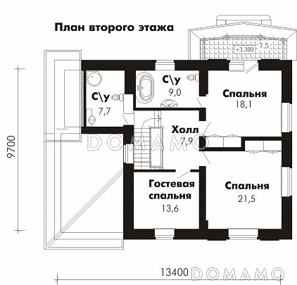 Проект дома из пеноблоков с гостевой комнатой на первом этаже и гаражом для одного автомобиля / План 2 этажа Проект дома из пеноблоков с гостевой комнатой на первом этаже и гаражом для одного автомобиля / План 2 этажа