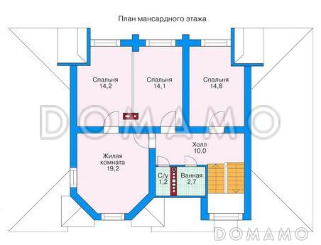 Проект двухэтажного дома из бруса с небольшой кухней, тремя спальнями на втором этаже / План мансардного этажа