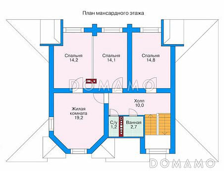 Проект двухэтажного дома из бруса с небольшой кухней, тремя спальнями на втором этаже / План мансардного этажа Проект двухэтажного дома из бруса с небольшой кухней, тремя спальнями на втором этаже / План мансардного этажа