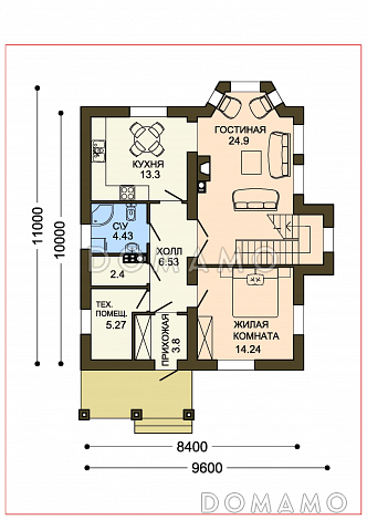Проект уютного компактного коттеджа с зеленой крышей и панорамным эркером гостиной / План 1 этажа Проект уютного компактного коттеджа с зеленой крышей и панорамным эркером гостиной / План 1 этажа