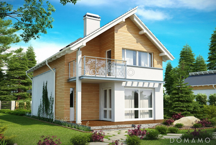 Проект небольшого одноэтажного мансардного дома из кирпича с дополнительной комнатой на первом этаже и угловым балконом