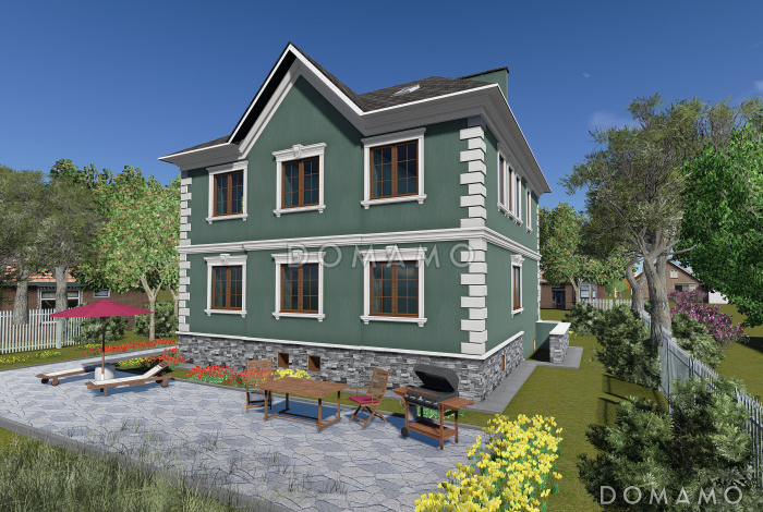 Проект большого двухэтажного дома с цоколем и мансардой,с эркером, сауной и бассейном Проект большого двухэтажного дома с цоколем и мансардой,с эркером, сауной и бассейном