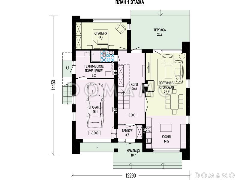Проект дома с гаражом, террасой, хозяйской спальней, эксплуатируемой кровлей на втором этаже / План 1 этажа