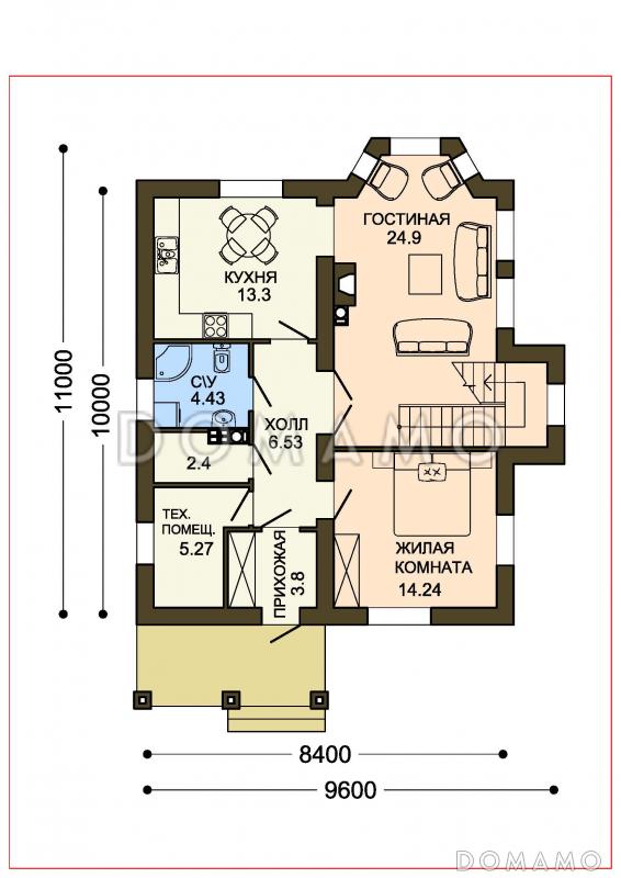 Проект уютного компактного коттеджа с зеленой крышей и панорамным эркером гостиной / План 1 этажа